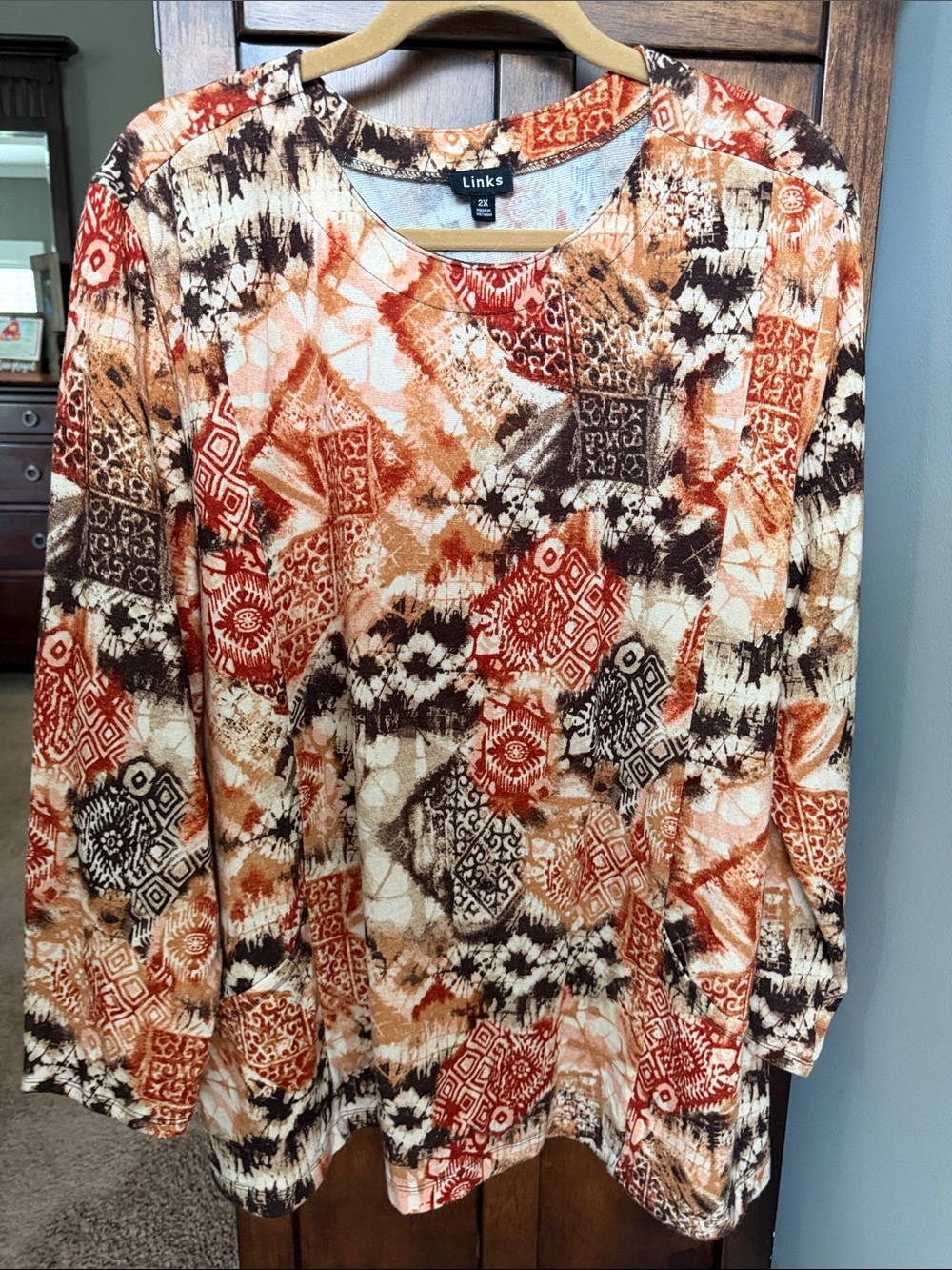Link Long-Sleeve Top in Rust, Brown, Cream & Black Abstract Print